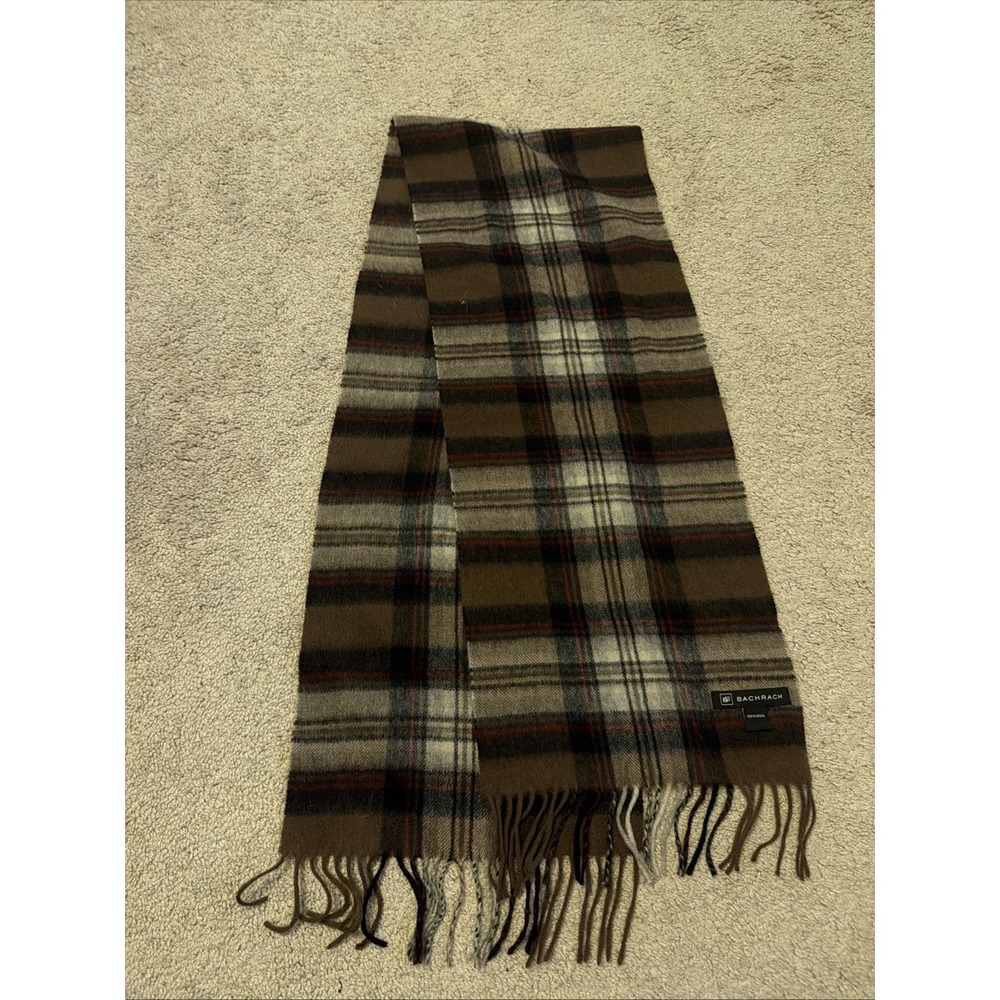 BACHRACH 100% WOOL Scarf Designer Pattern Beige Cream Brown Soft Luxury